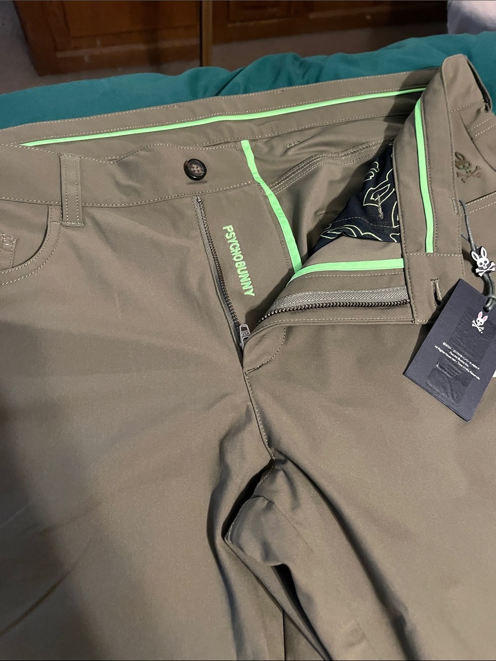 Psycho Bunny Olive Pants with Neon Green Trim
